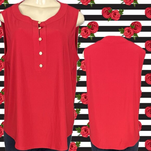 Anne Klein L Solid Red Crew Gold Logo Button Neck Curved Hem Sleeveless Blouse - Picture 1 of 6